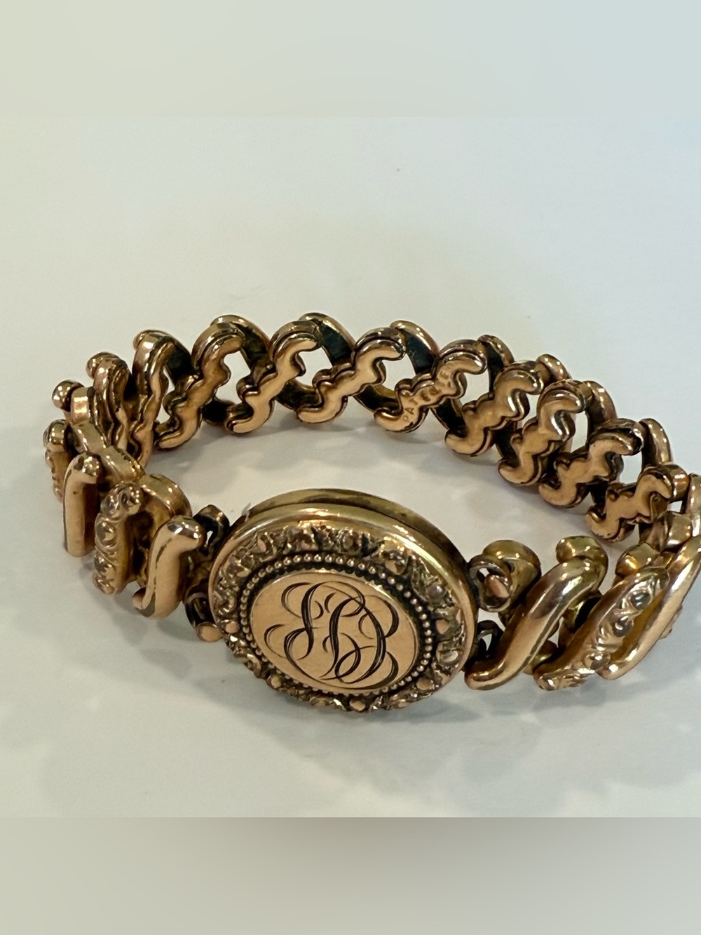 Vintage Rolled Gold Expansion Bracelet Photo Locket Monogram Victorian Style - Picture 15 of 16